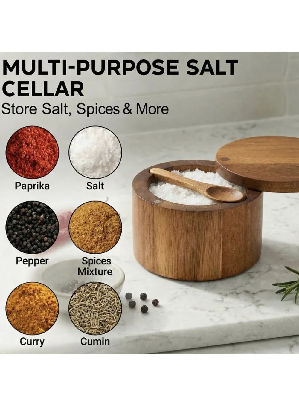 Acacia Wood Salt Cellar with Lid and Spoon